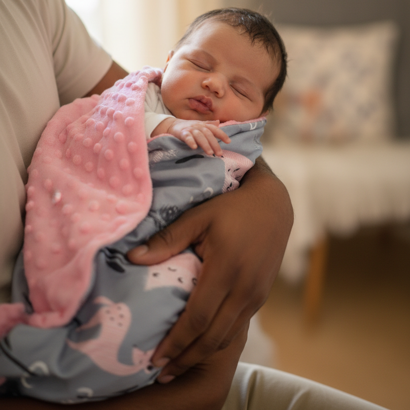 Baby wrapped in pink fleece and deer print blanket held by dad