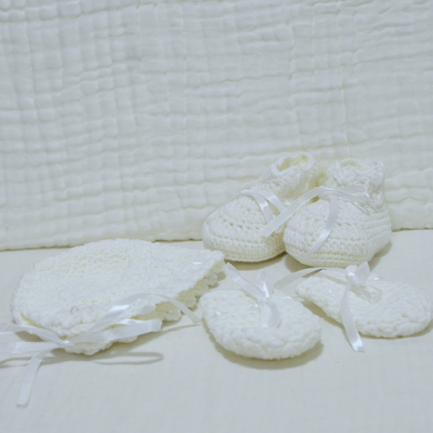 White Crochet Baby Bonnet,socks,mittens - 0 to 3 Month