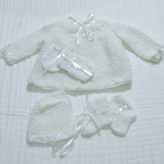 Knitted Baby Overcoat, Hat, Socks, Mittens Set