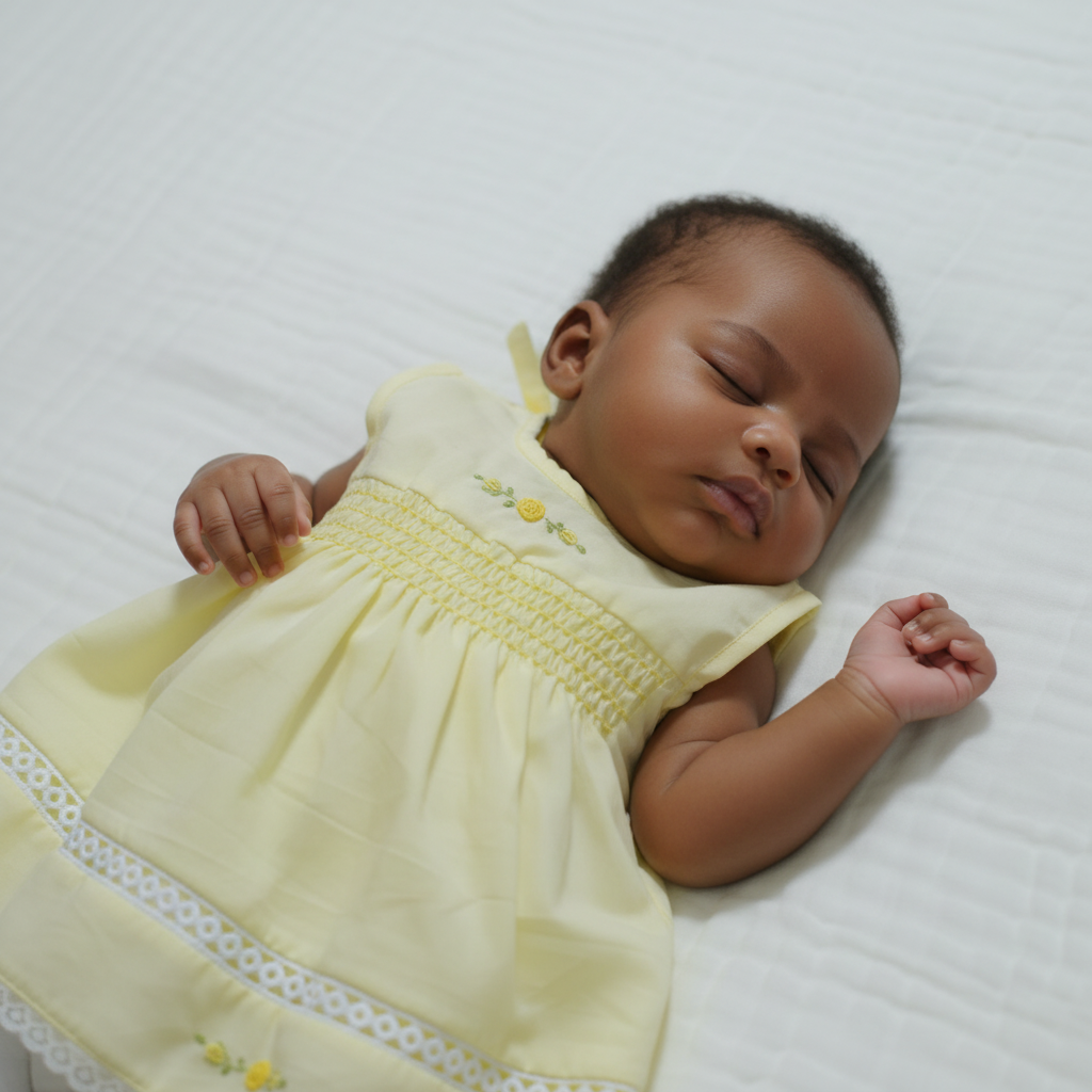 Brown-skinned 2-month-old in yellow smocked dress lying on bed
