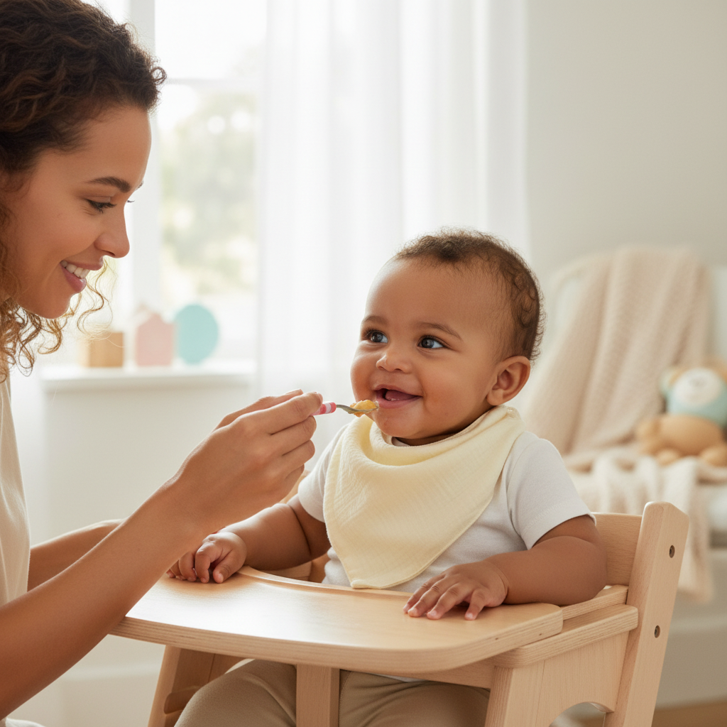 Brown-skinned 5-month-old in cream bib being fed in chair