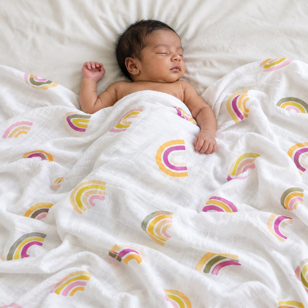 Brown-skinned newborn covered with the printed muslin blanket on a bed