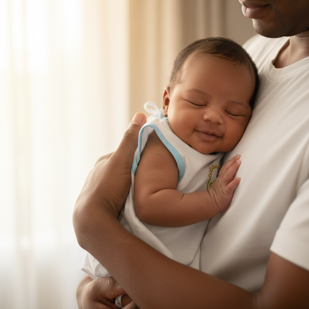 Brown-skinned newborn in dinosaur embroidered dress held by father