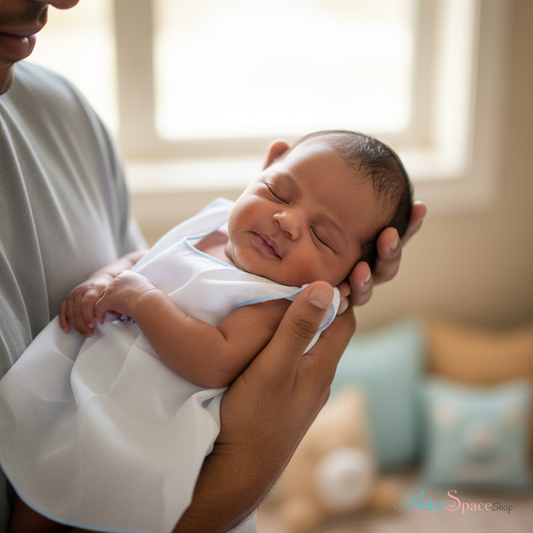 Brown-skinned newborn in sailboat embroidered dress held by father