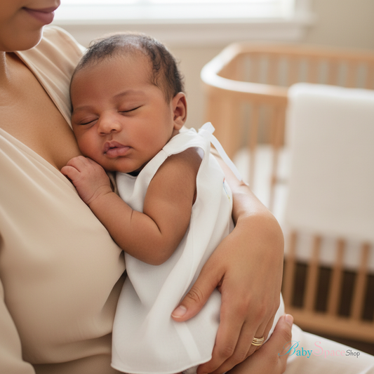 Brown-skinned newborn in sailboat embroidered dress held by mother