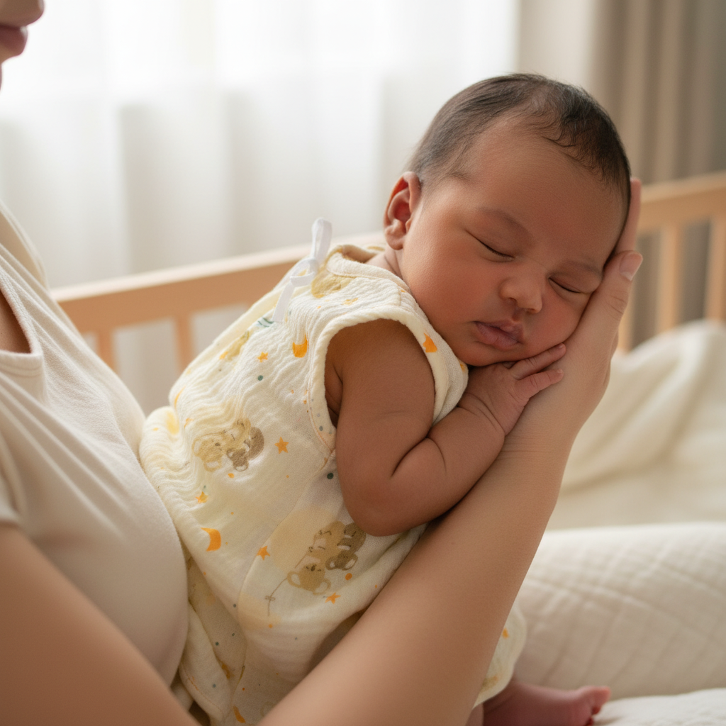 Brown-skinned newborn in teddy bear print dress held by mother