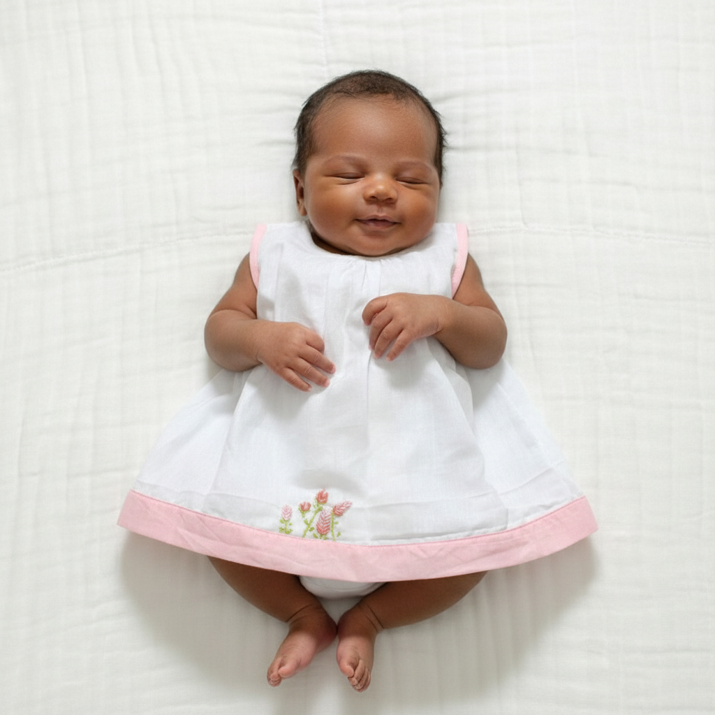 Brown-skinned newborn in white dress with pink roses lying on bed