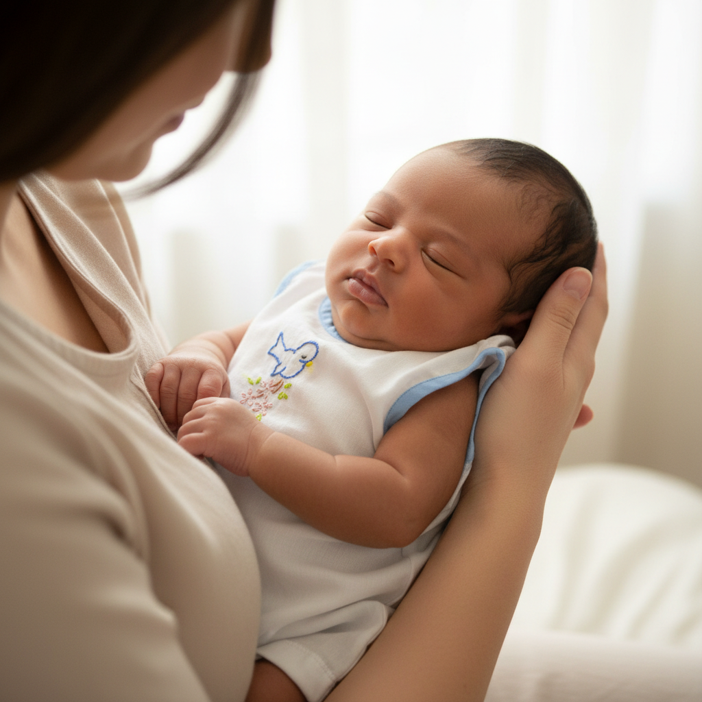 Brown-skinned newborn in white shirt with bird embroidery held by mother