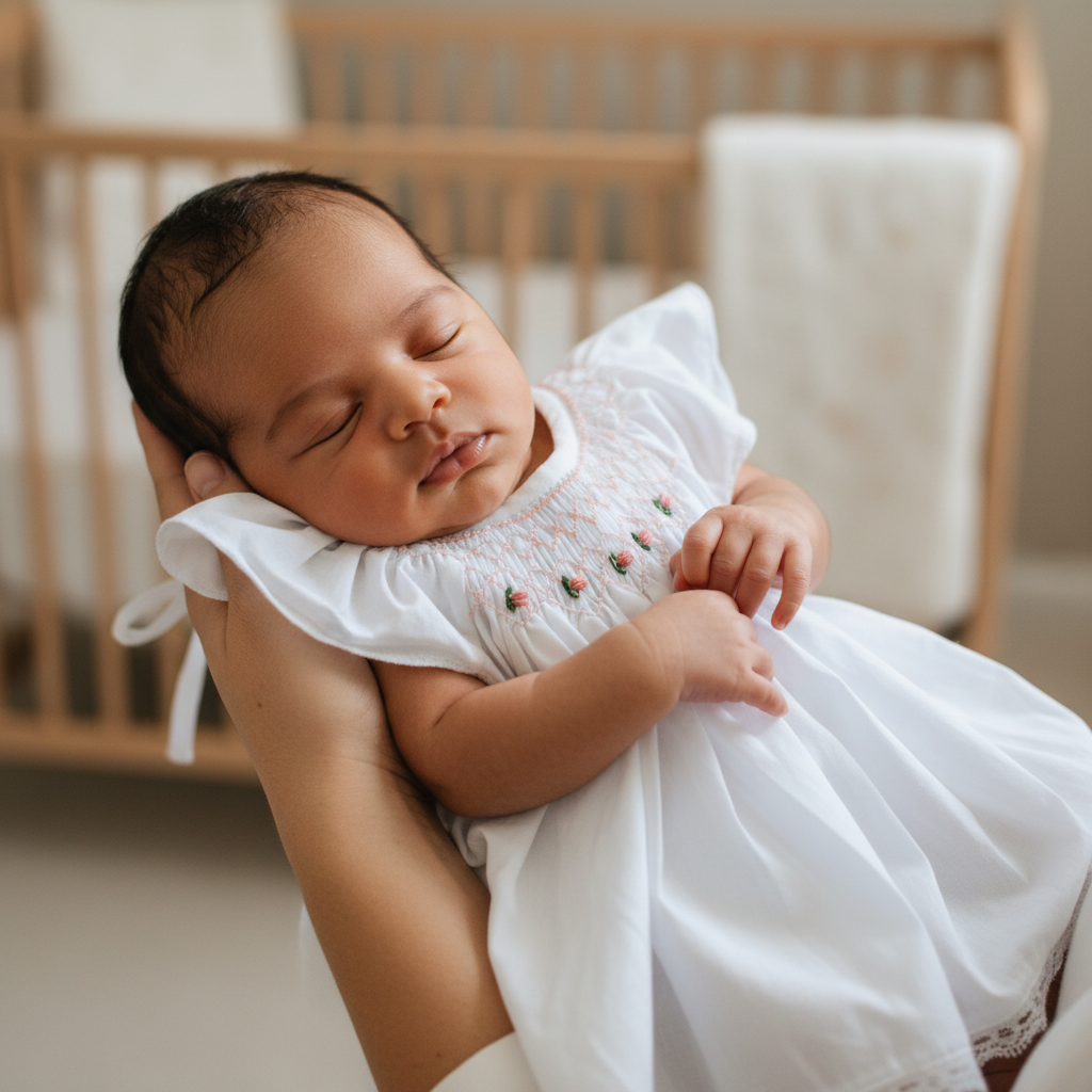 Brown-skinned newborn in white smocked dress with pink roses held by mother