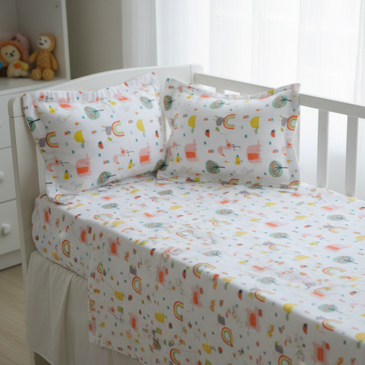 Complete cot with rainbow and houses print bedding and frilled pillowcases