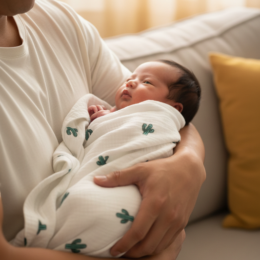 Dad holding newborn wrapped in cactus print blanket