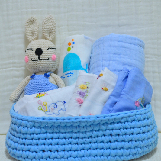 Crochet Basket Baby Hamper Gift - Blue