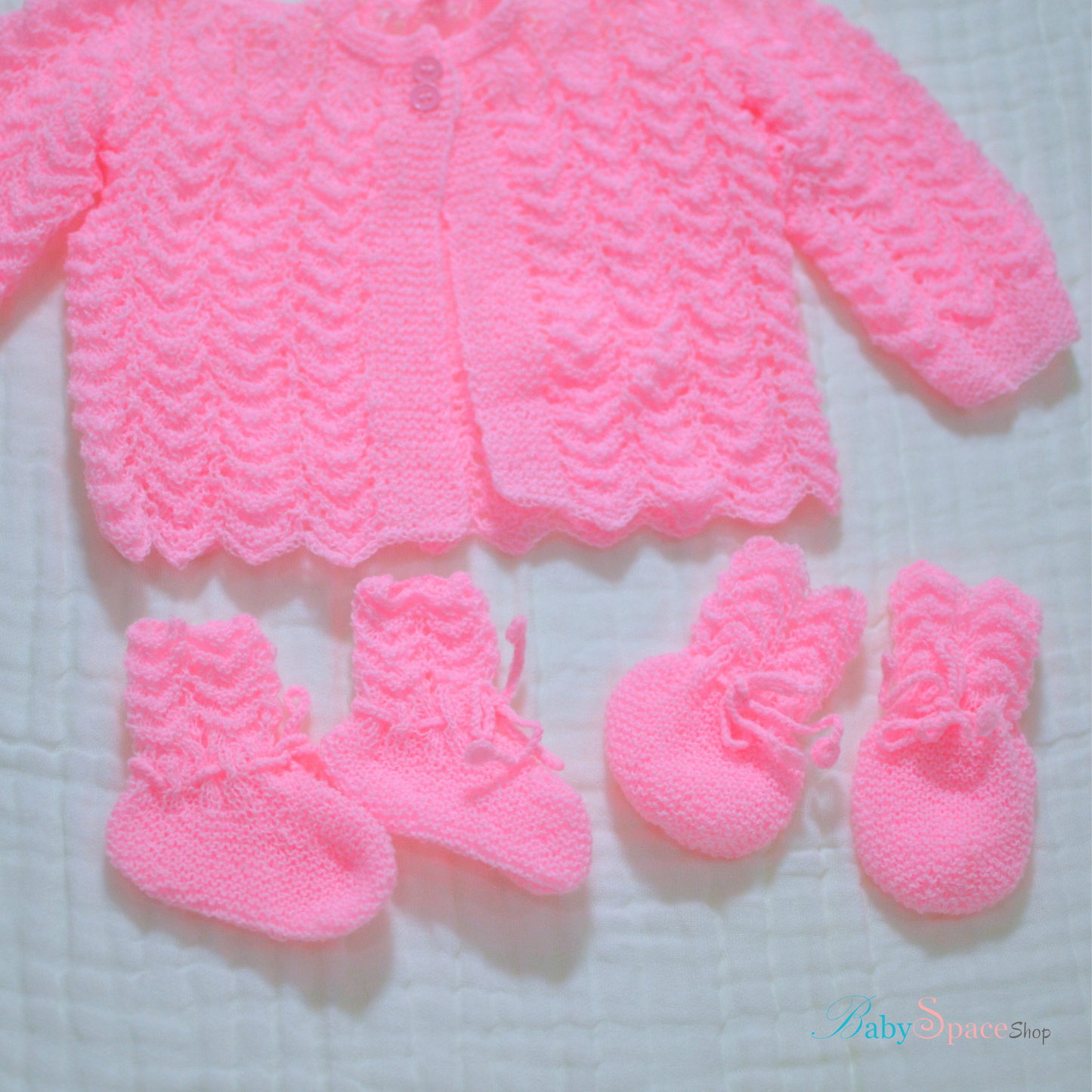 Knitted Baby Overcoat, Hat, Socks, Mittens Set White