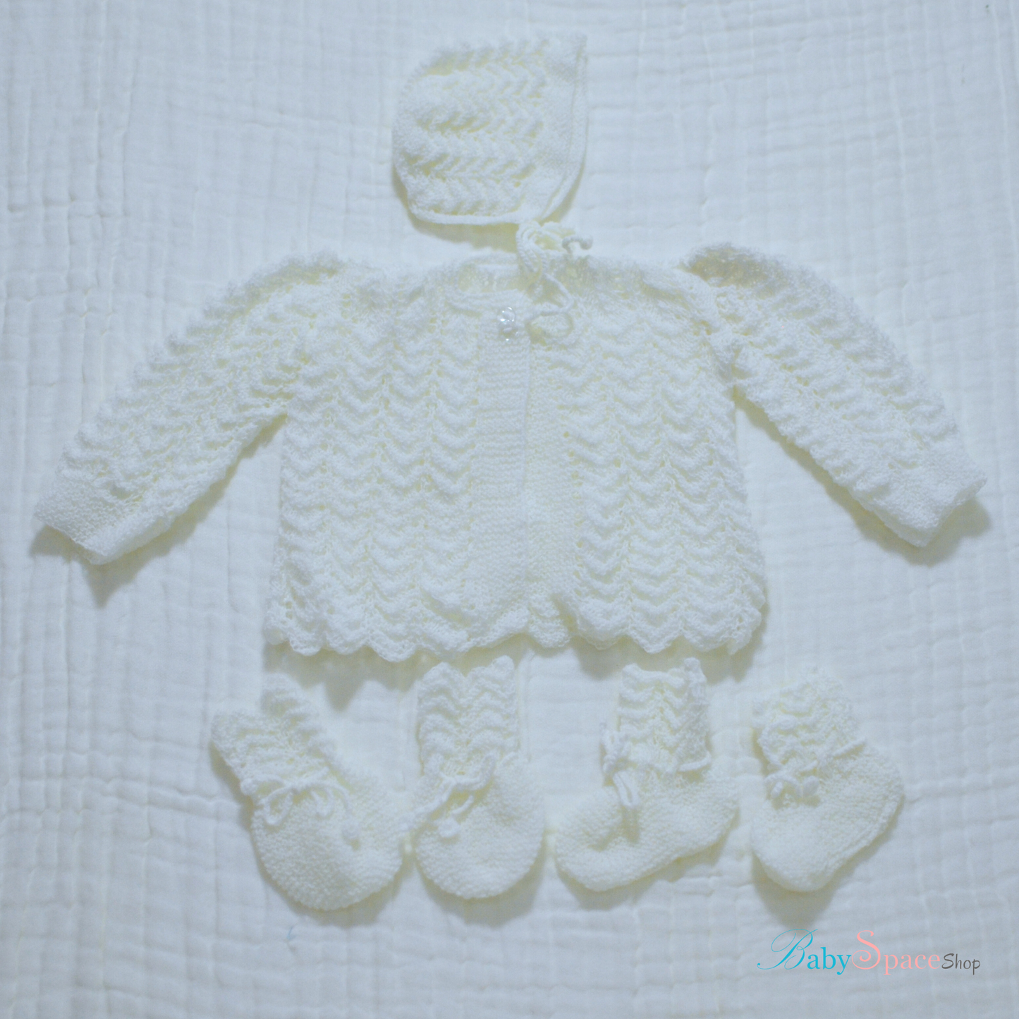 Knitted Baby Overcoat, Hat, Socks, Mittens Set White