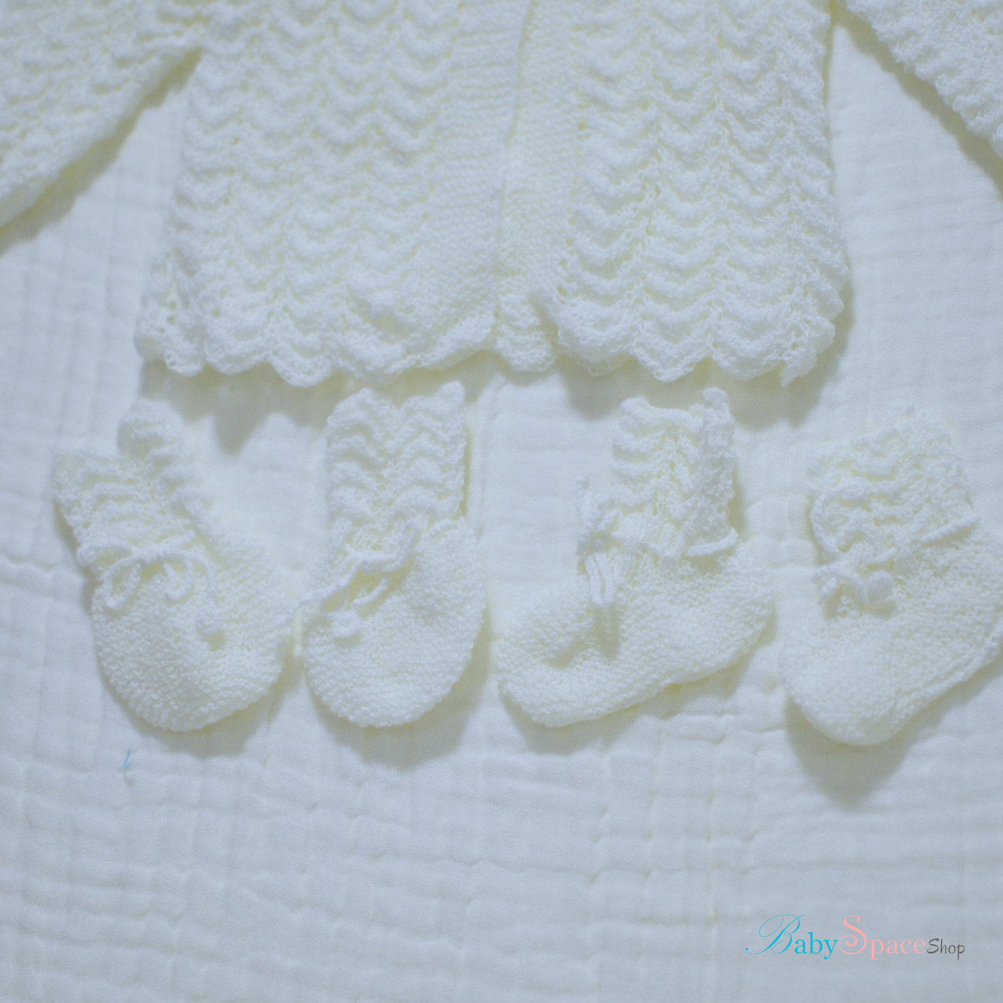 Knitted Baby Overcoat, Hat, Socks, Mittens Set White