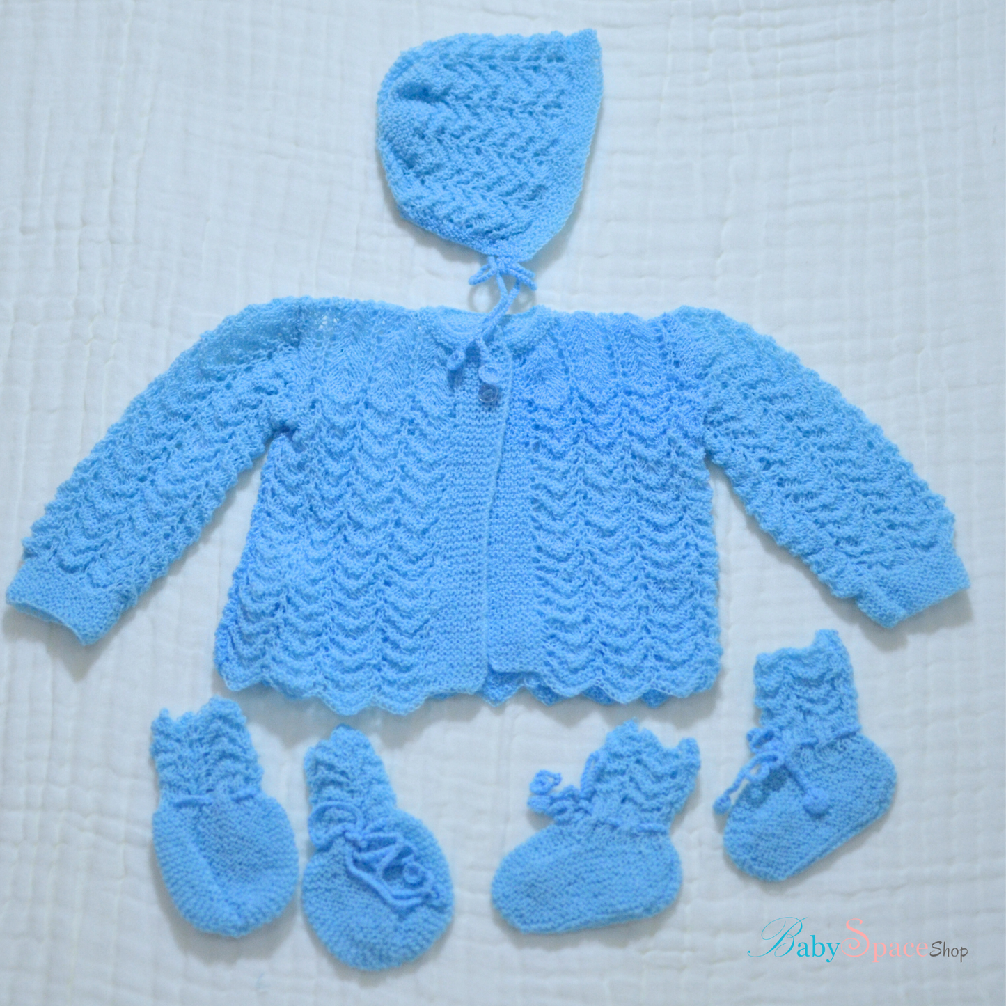 Knitted Baby Overcoat, Hat, Socks, Mittens Set White
