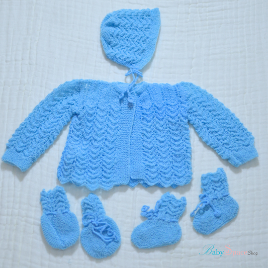 Knitted Baby Overcoat, Hat, Socks, Mittens Set White