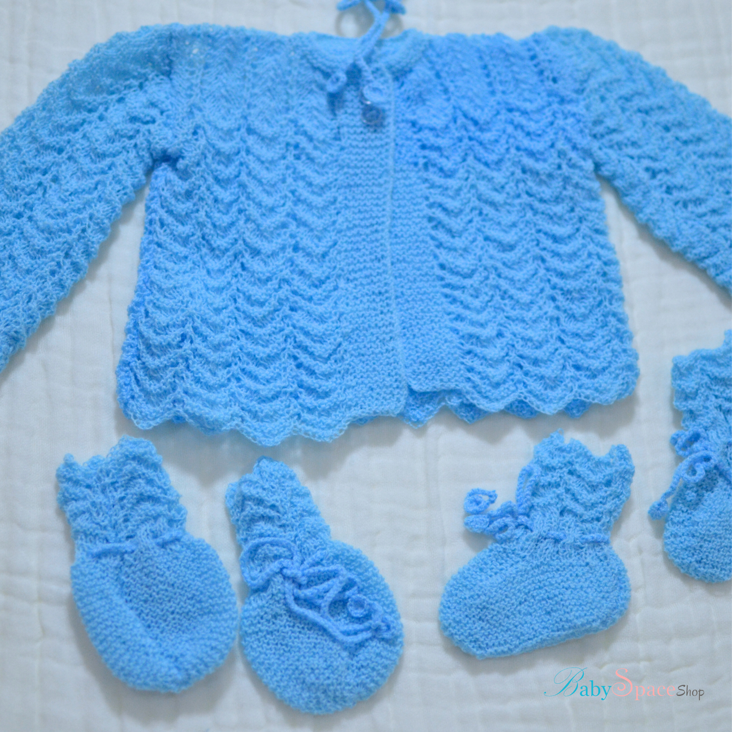 Knitted Baby Overcoat, Hat, Socks, Mittens Set White