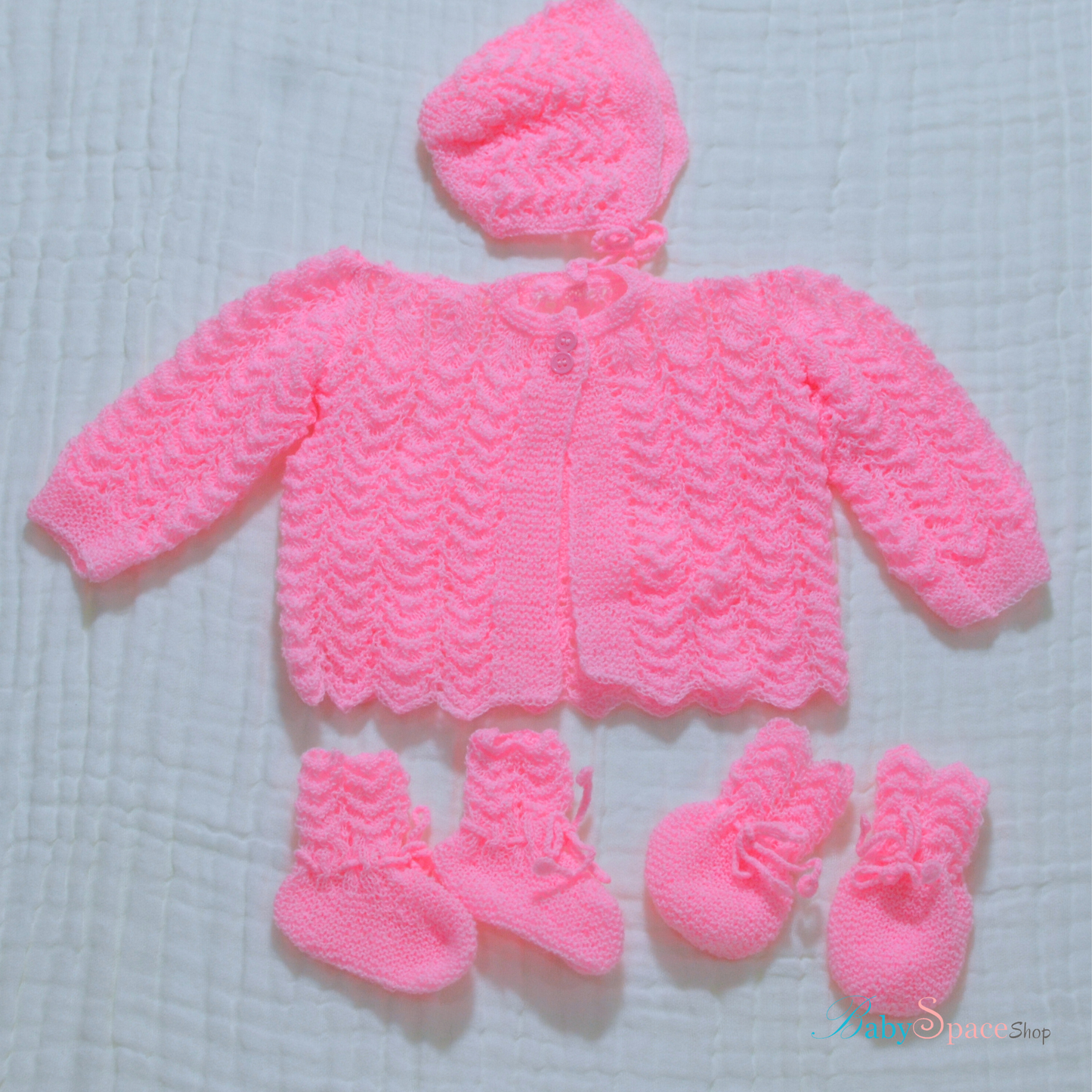Knitted Baby Overcoat, Hat, Socks, Mittens Set White