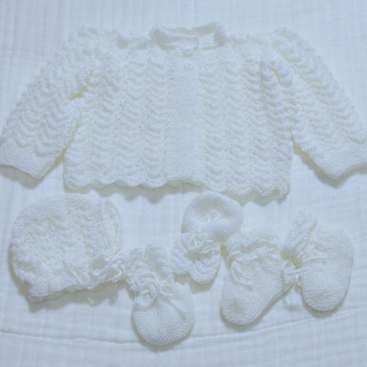 Knitted Baby Overcoat, Hat, Socks, Mittens Set White