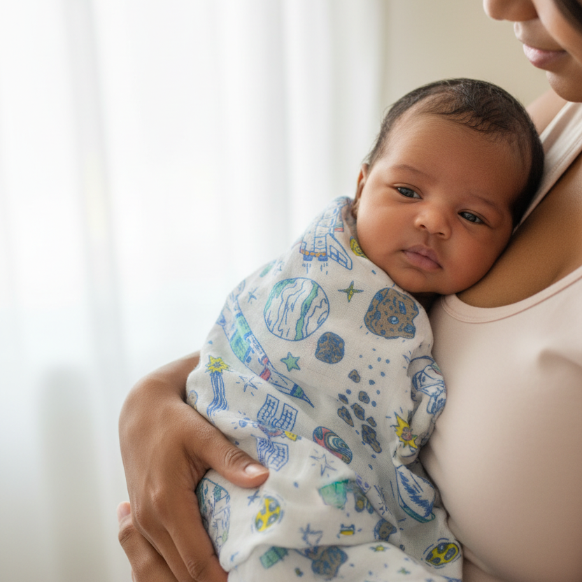 Newborn baby covered in space print blanket held by mother