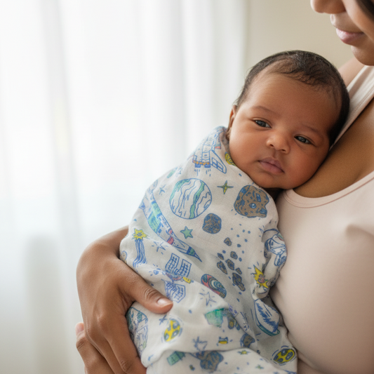Newborn baby covered in space print blanket held by mother