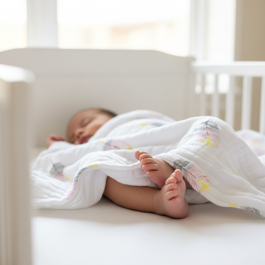 Newborn baby feet peeking from feather print blanket in cot