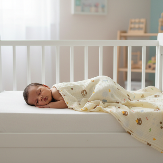 Newborn baby in horizontal cot with bear print blanket