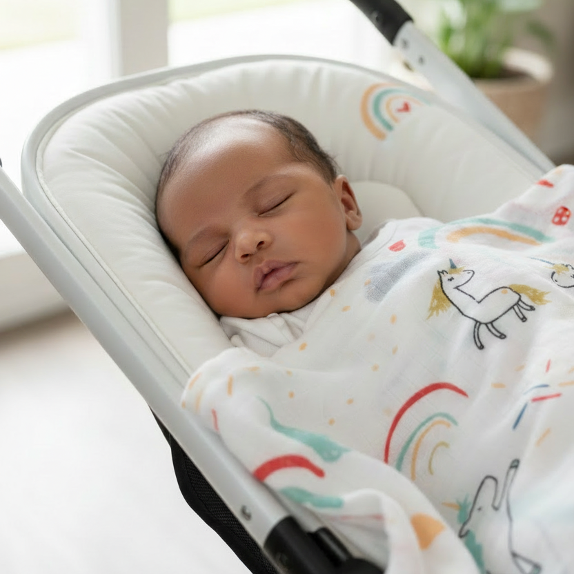 Newborn baby in stroller with plain cushion and unicorn blanket