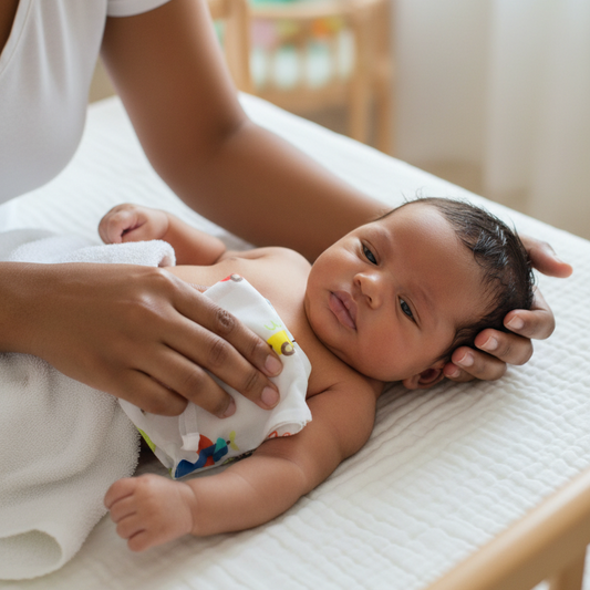 Newborn baby lying down covered in towel being wiped