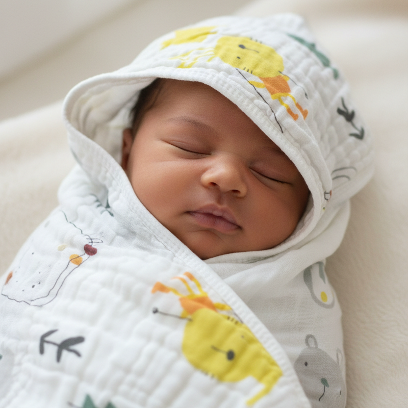 Newborn baby wrapped in animal print hooded blanket