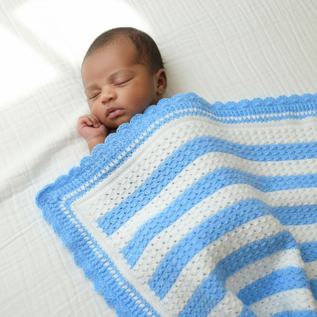 Newborn covered in blue crochet blanket