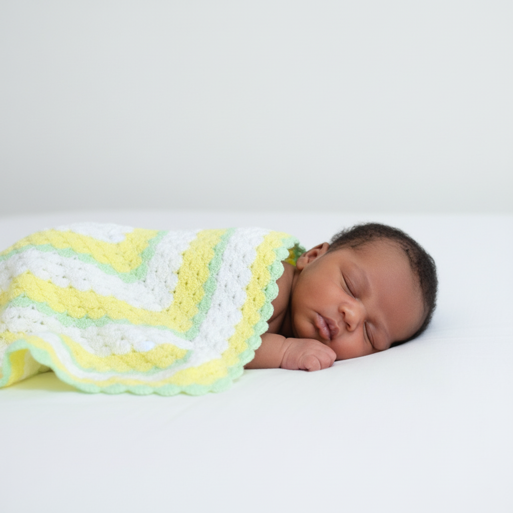 Newborn covered in yellow-green crochet blanket