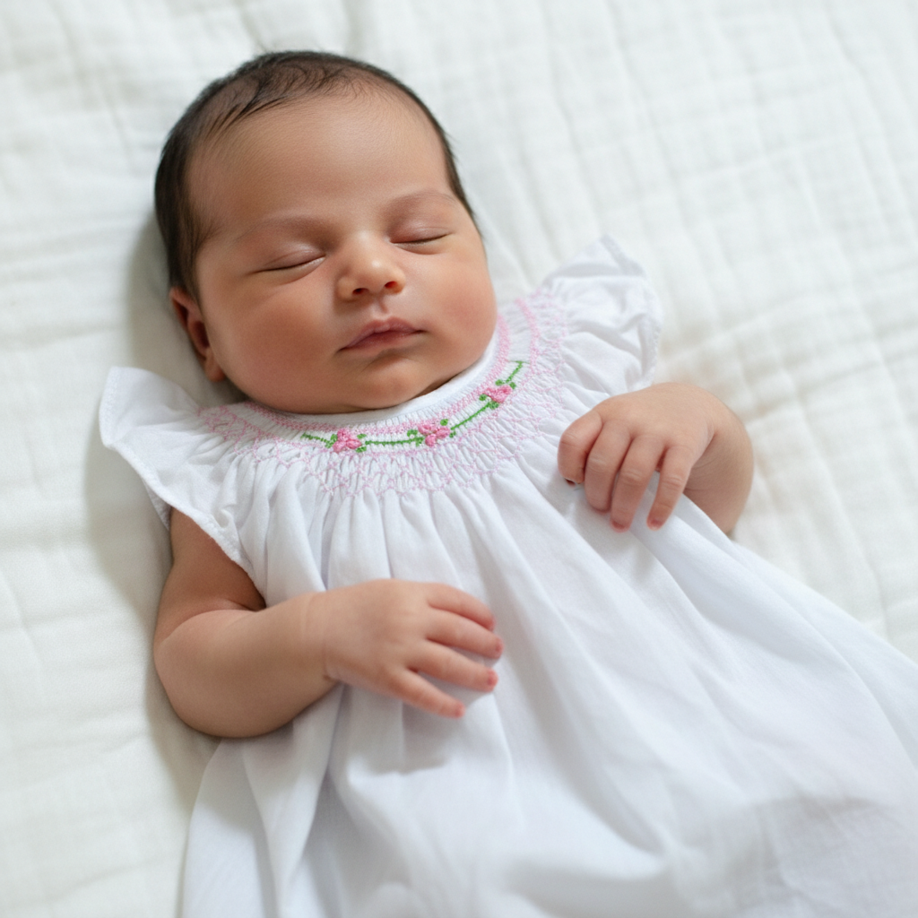 Newborn in pink floral smocked dress lying on bed