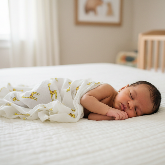 Newborn on bed covered with giraffe muslin blanket