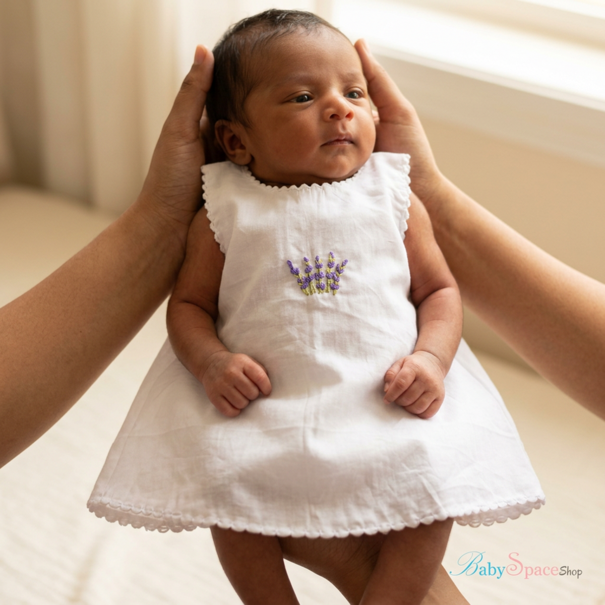Newborn wearing the white lavender shirt covering both knees
