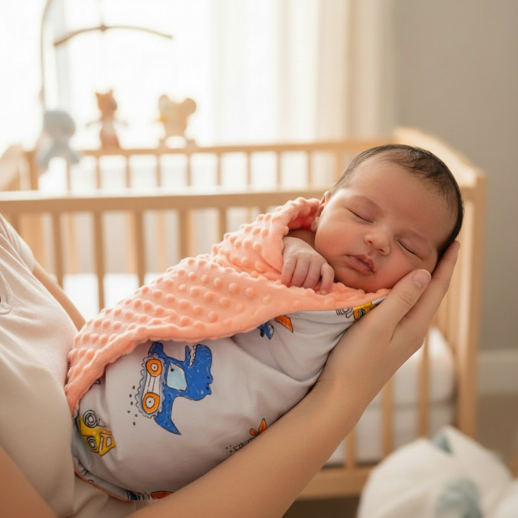 Olive-skinned newborn held close to parent's chest in dino fleece blanket