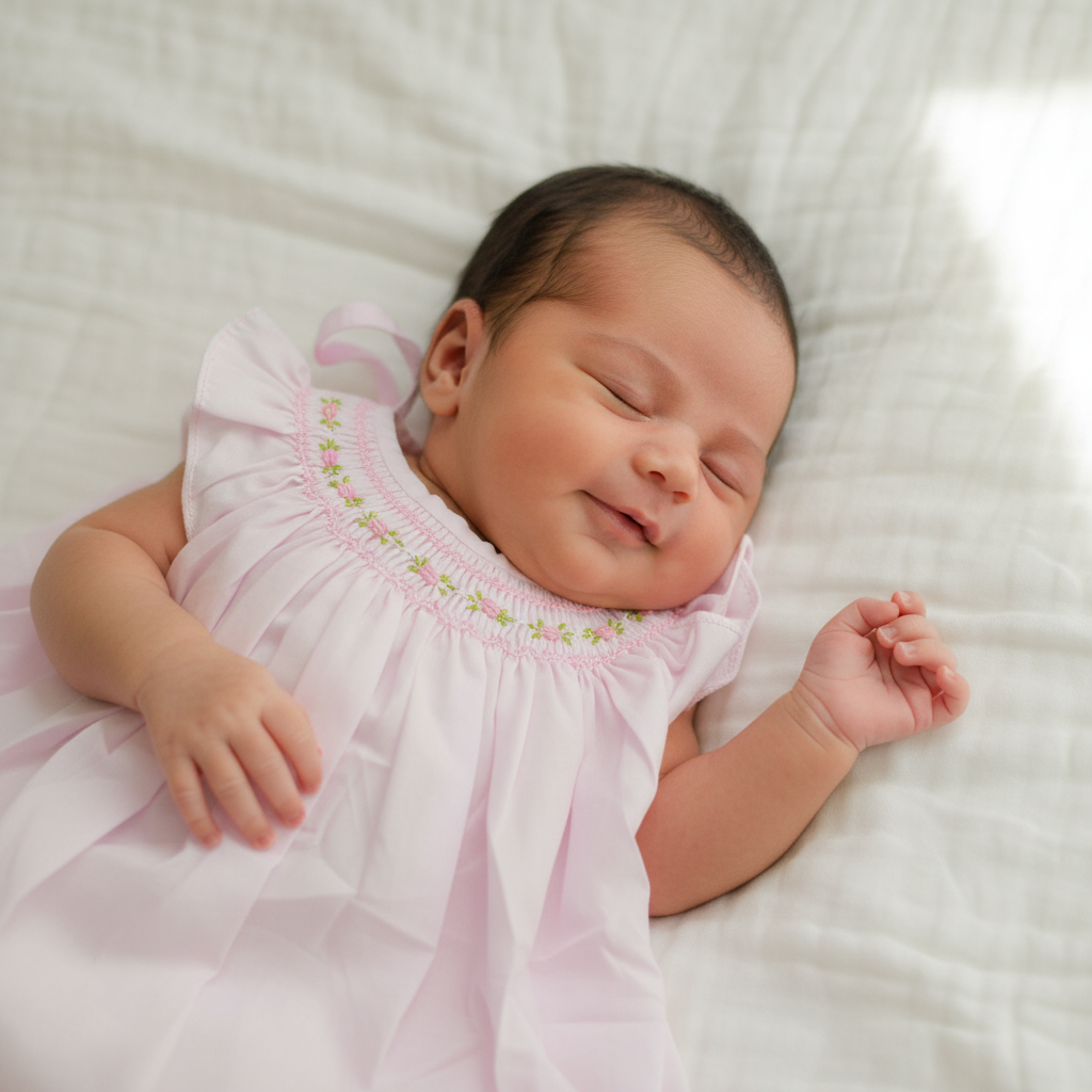 Olive-skinned newborn in pink dress with yellow floral embroidery lying on bed
