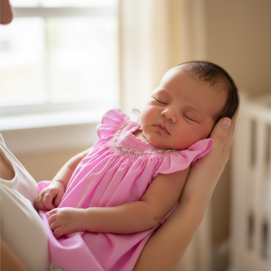 Olive-skinned newborn in pink smocked dress held by mother