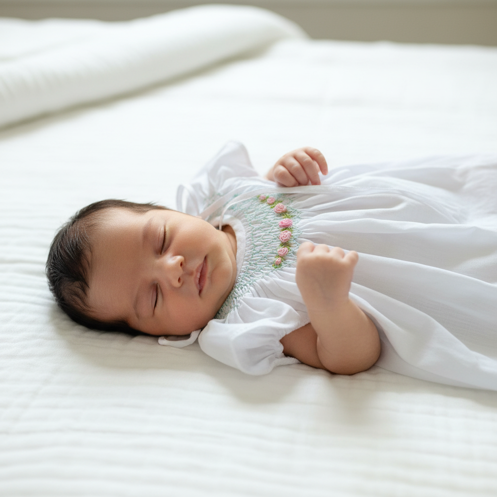 Olive-skinned newborn in white smocked dress with yellow-orange flowers lying on bed