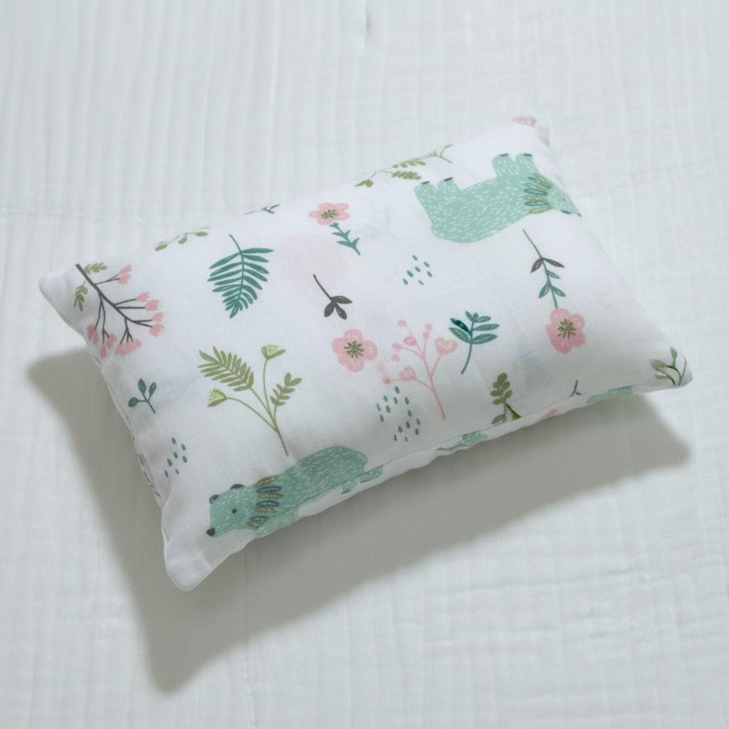 Rectangle-shaped baby pillow with botanical bear print