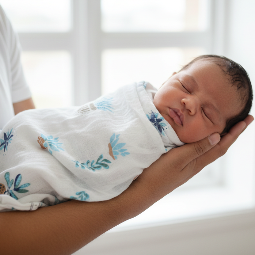 Sleeping newborn baby covered in plant print blanket held horizontally by parent