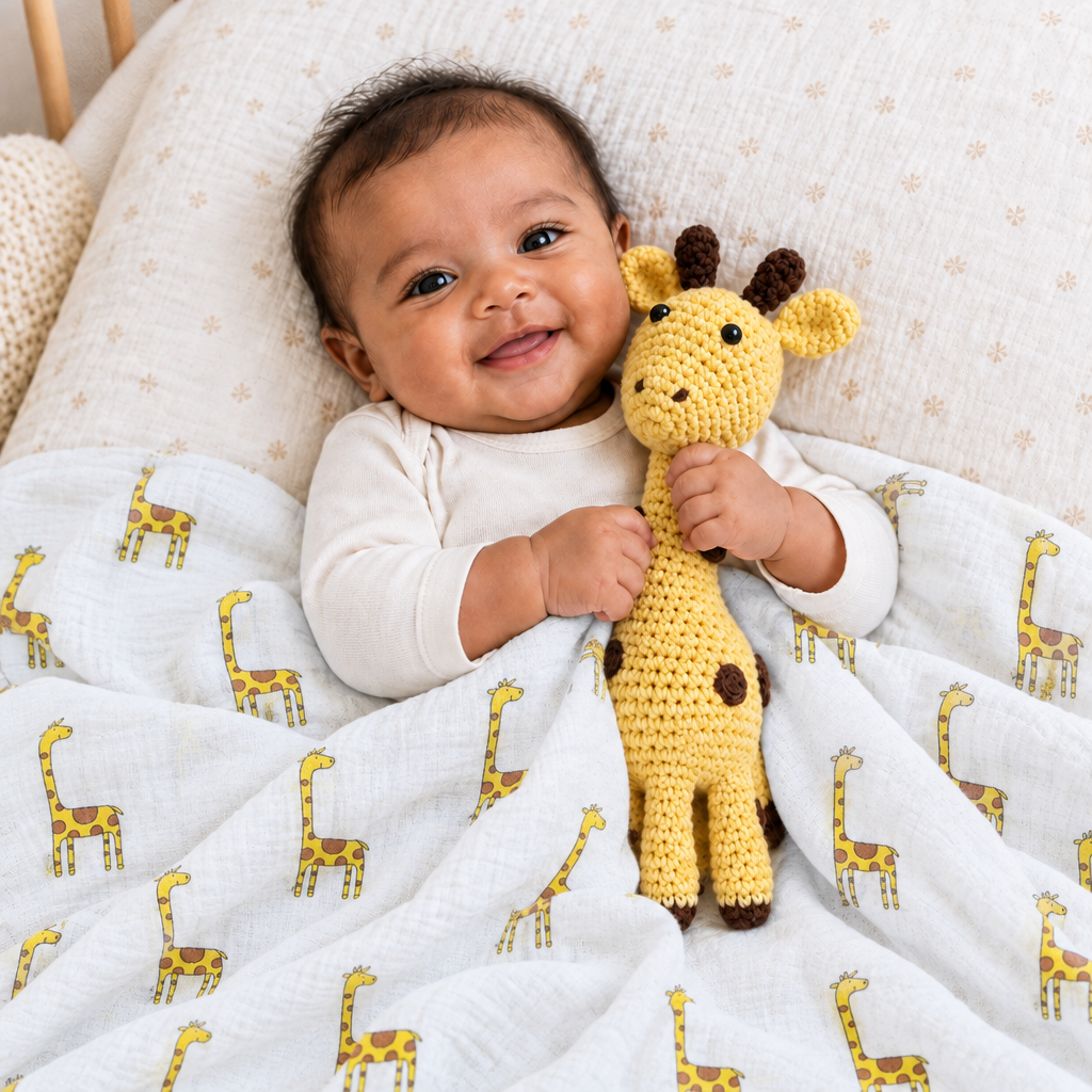 Square lifestyle image of the baby and crochet giraffe wrapped in the new giraffe-print blanket