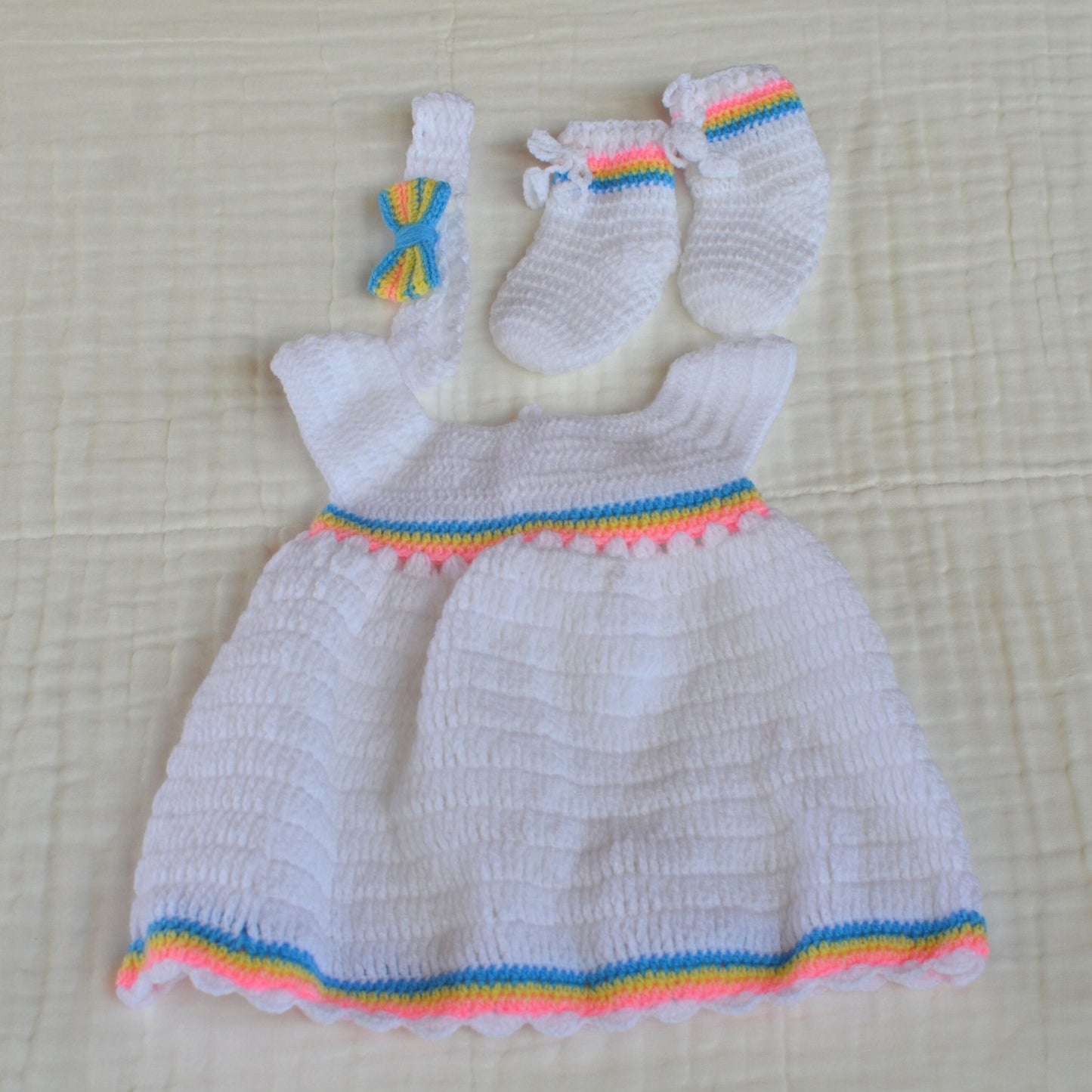 Crochet Baby Dress with Matching Hairband - 3 Month Size