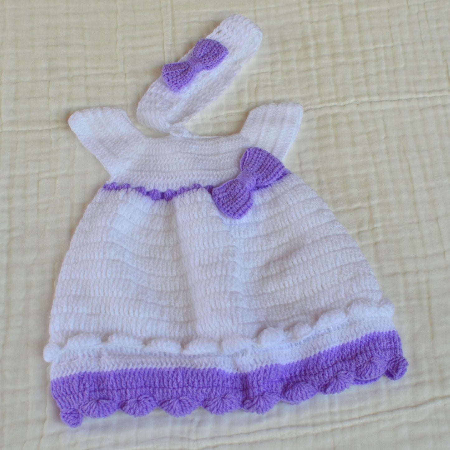 Crochet Baby Dress with Matching Hairband - 3 Month Size