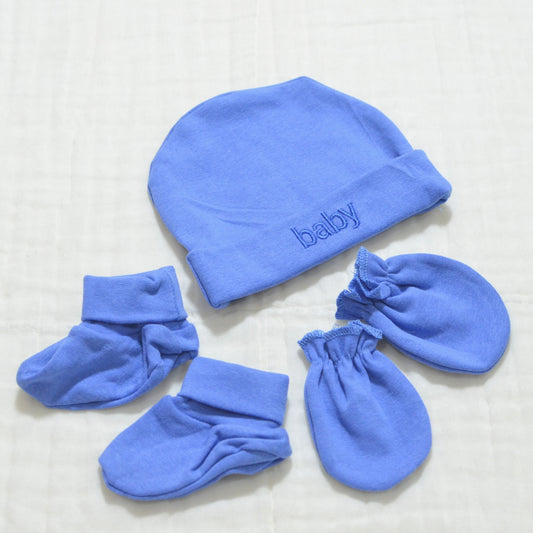 Baby Hat, Socks, Mittens - Newborn Cotton Blue