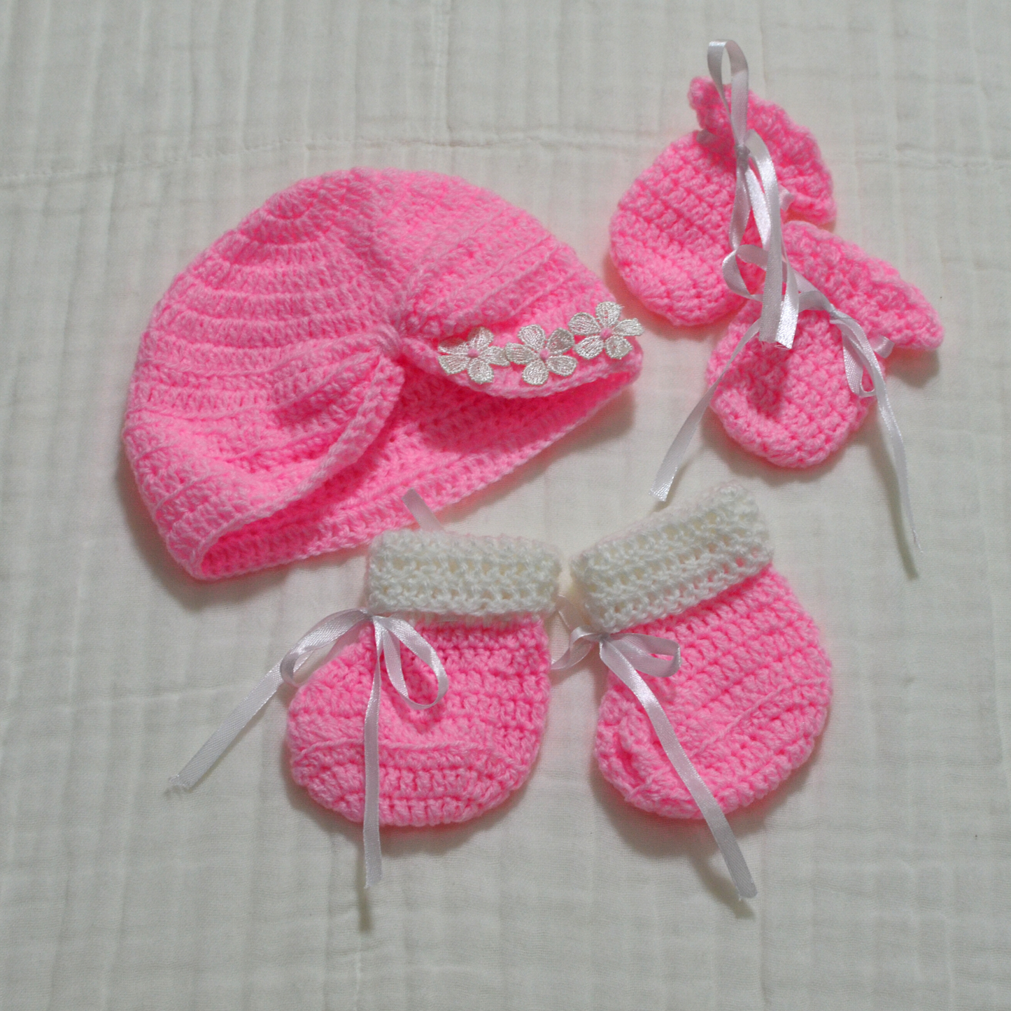 Crochet / Knitted Baby Hat, Socks, Mittens Set 0 to 3 months
